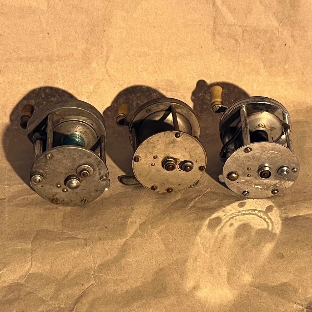 Pflueger 4 Brothers Vintage Baitcasting Fishing‎ Reels Set of 3 Silver Antique